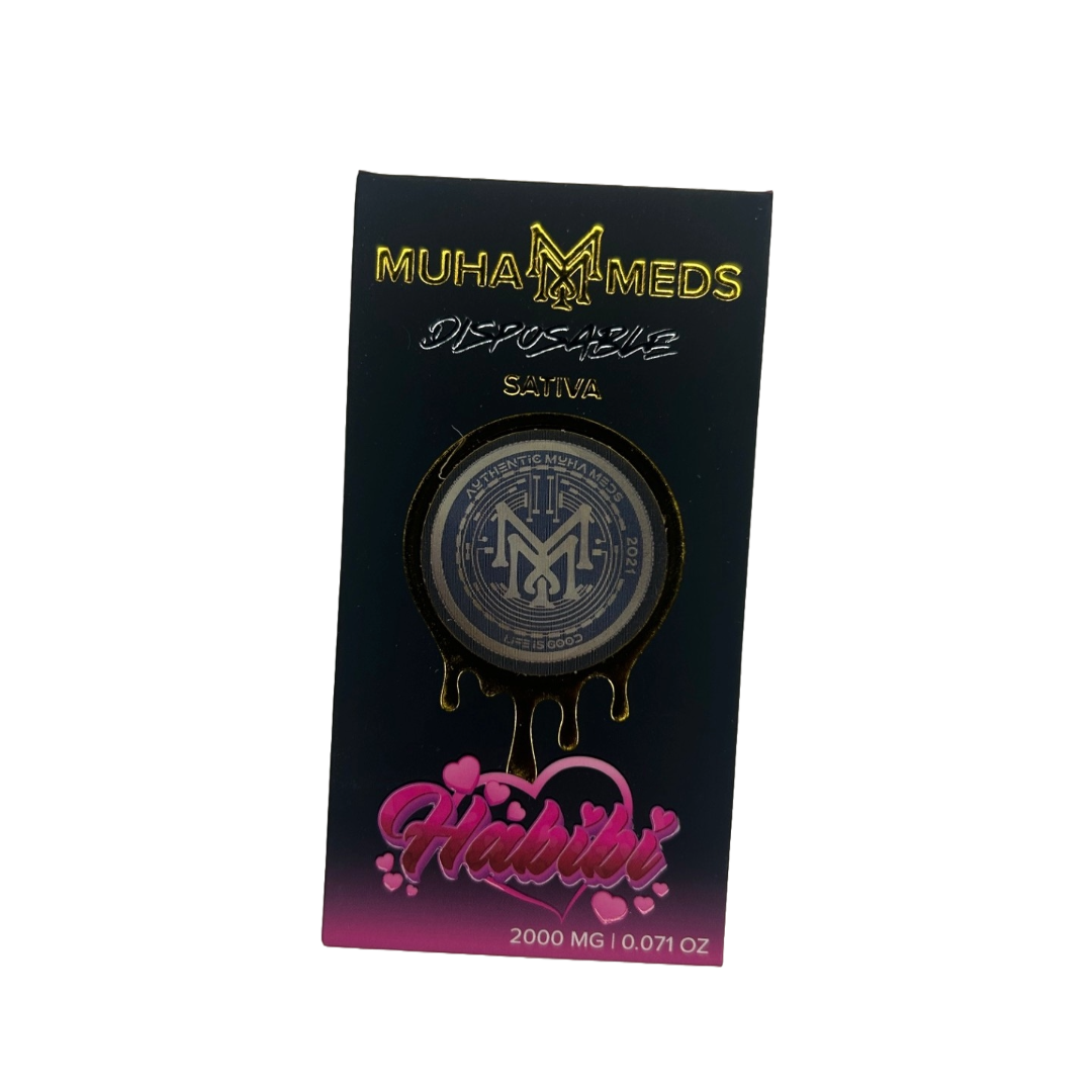 Muha Meds holographic packaging for 2g disposable vapes Flavor Habbibi Sativa strain