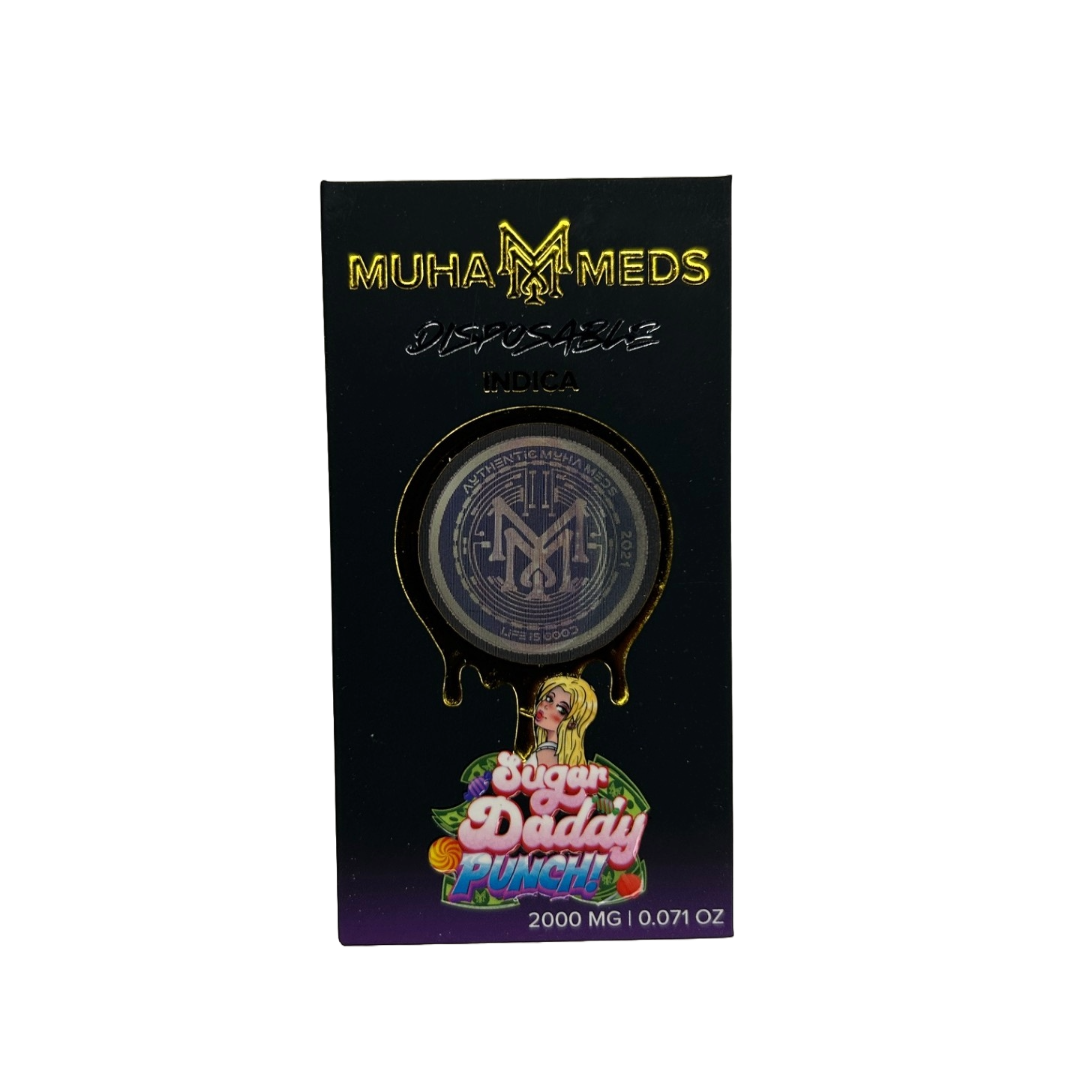 Muha Meds holographic packaging for 2g disposable vapes Flavor Sugar Daddy Indica Strain