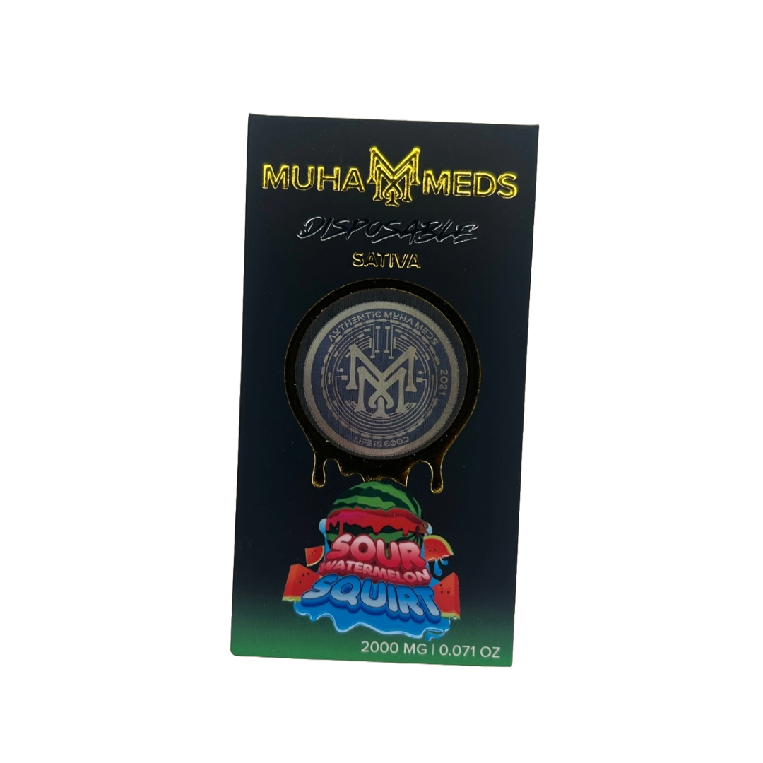 Muha Meds holographic packaging for 2g disposable vapes Flavor Sour Watermelon Squirt Sativa Strain