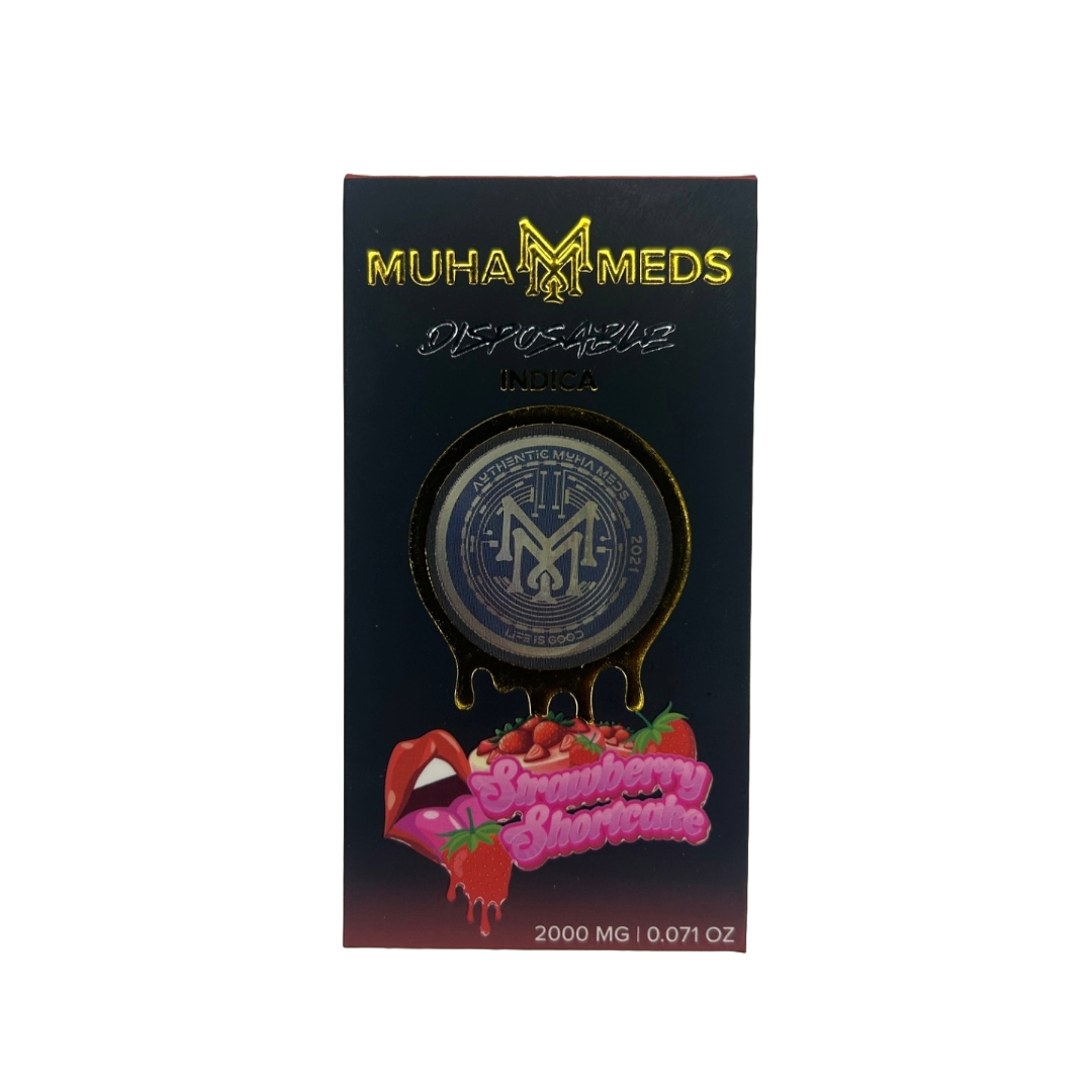 Muha Meds holographic packaging for 2g disposable vapes Flavor Strawberry Shortcake, indica strain