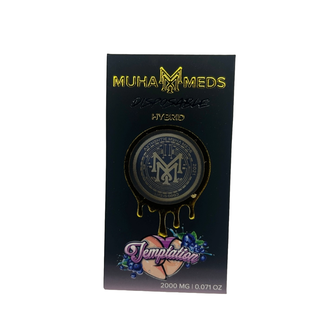 Muha Meds holographic packaging for 2g disposable vapes Flavor Temptation, Hybrid Strain