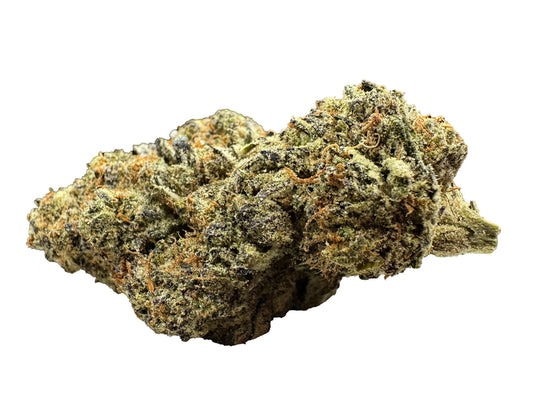 Premium cannabis nug that is the jungle spice strain showing its bright green orange and purple trichomes. 