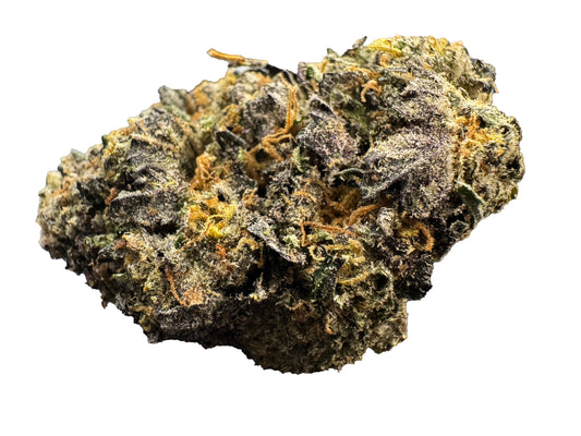 Cannabis bud Purple Headband, Indoor-grown hybrid featuring dense pink and purple flowers covered in greenish trichomes.