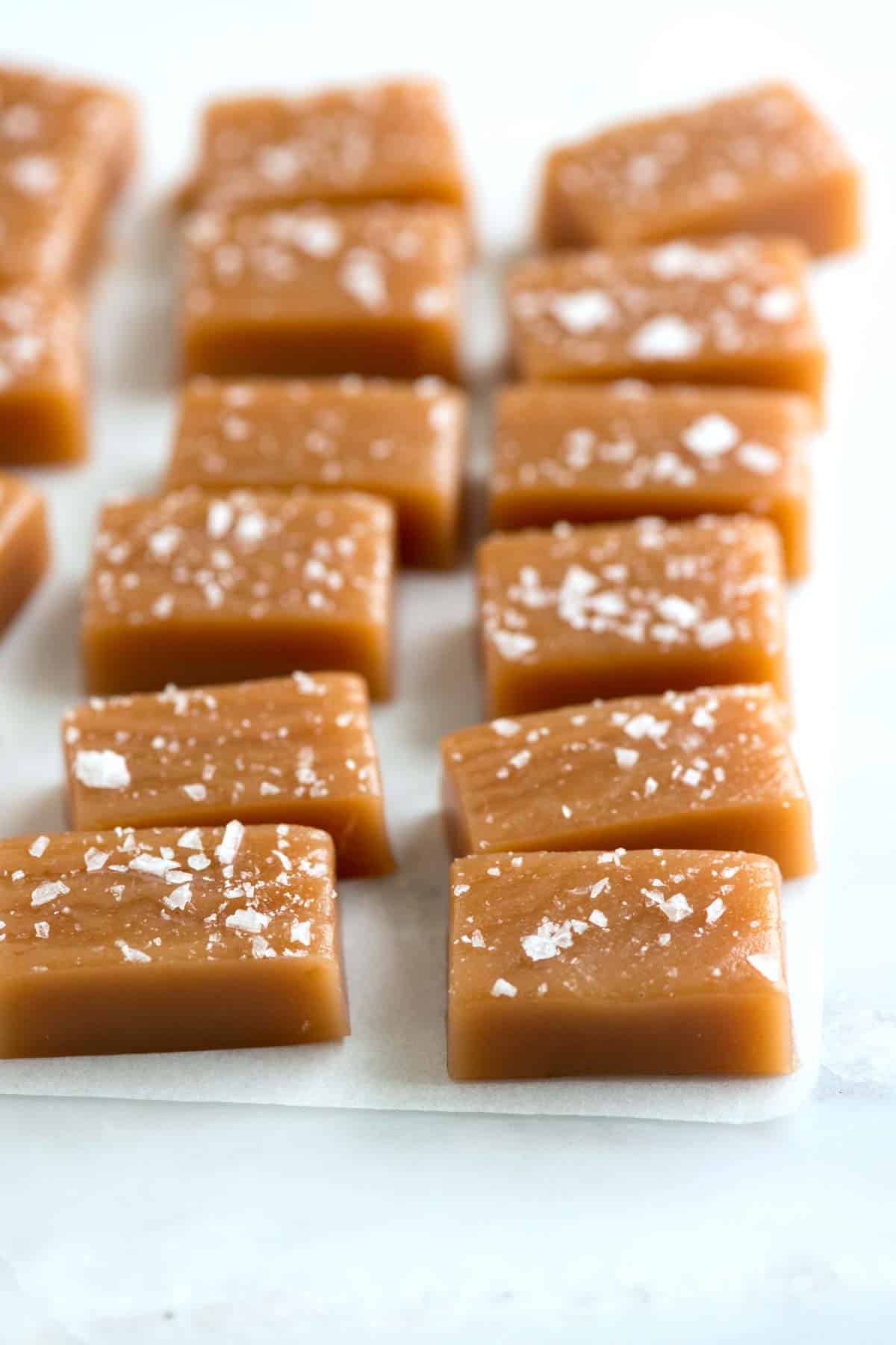 Close up of our delicious salted Caramel Chews. 30 MG THC infused homemade in a San Bernardino County certified licensed kitchen from premium ingredients. Made locally. 